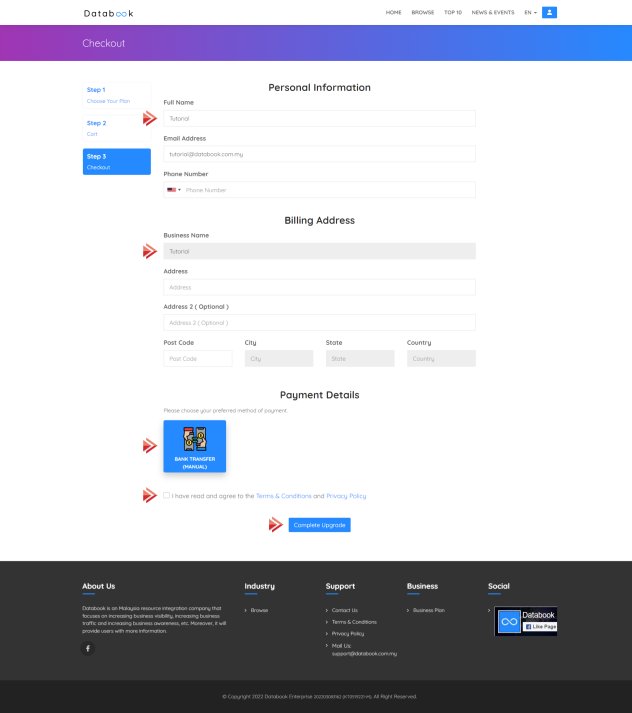 Step 4 : Checkout, Personal Information -> Billing Address -> Payment Method -> Terms & Conditions -> Complete Upgrade | Databook